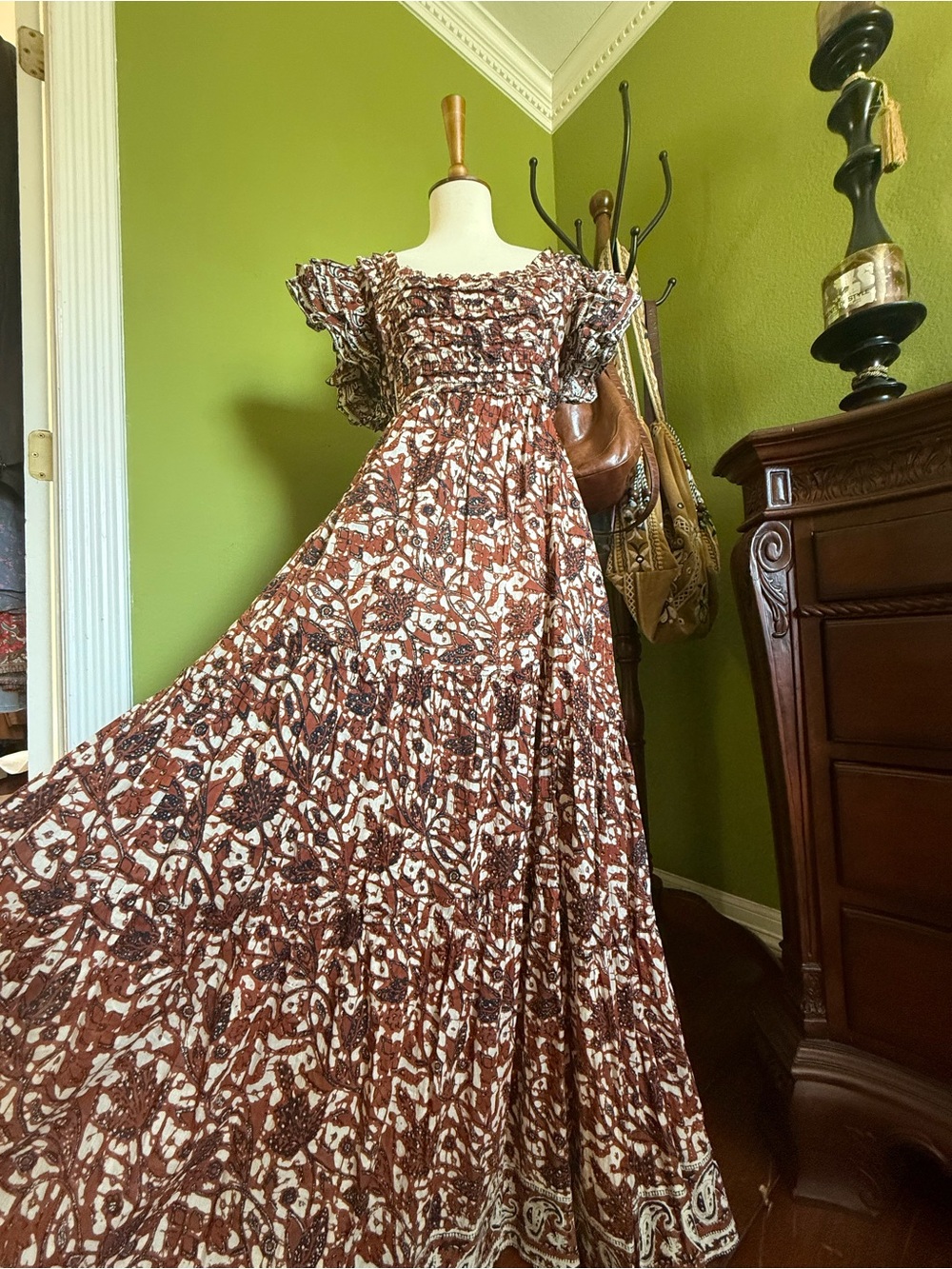Smocked Brown Floral Maxi Dress with Flutter Sleeves
